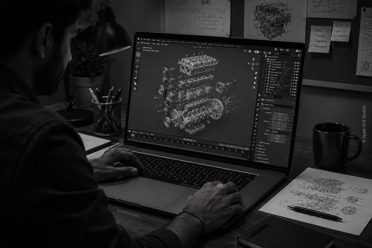 Designer creating an exploded 3D engine model in Blender for product visualization, engineering design, and industrial CGI rendering.