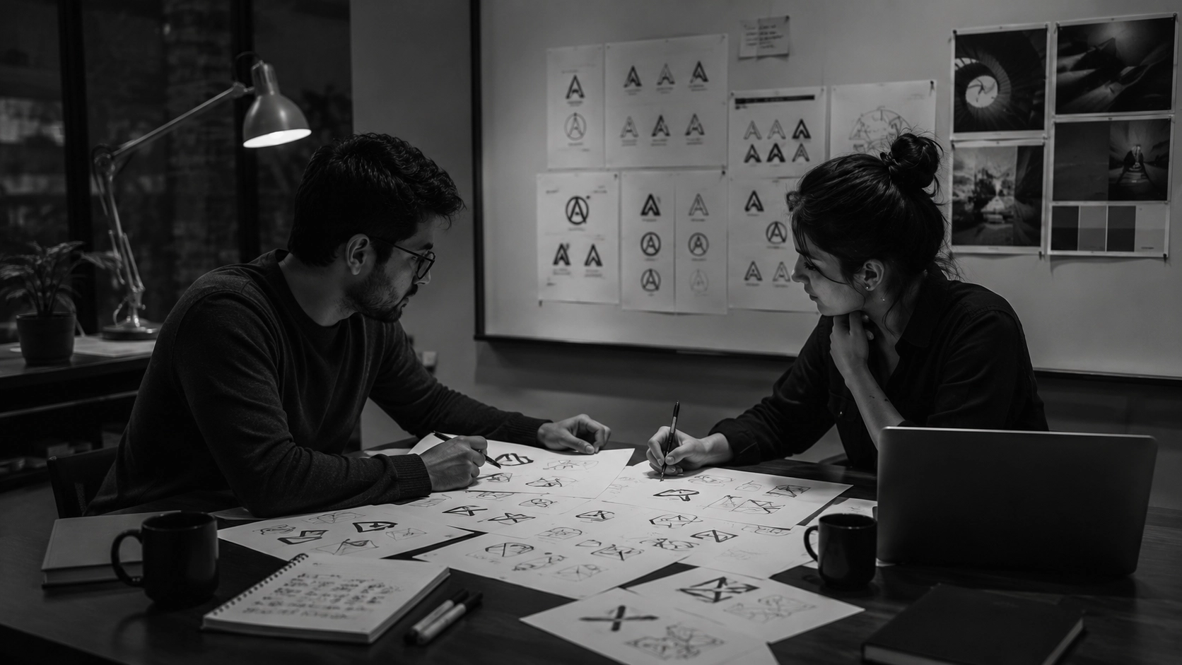 Designers collaborating on logo concepts, brand identity sketches, and creative strategy at Spark Vfx Studios.
