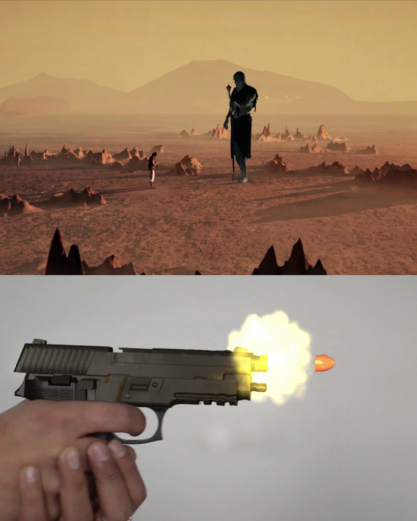 Epic CGI VFX shot by Spark VFX Studios featuring a majestic silhouetted Shukracharya towering on alien Mars terrain with craters and mountains at sunset, staff in hand evoking divine guru power, paired with dynamic pistol firing explosive glowing bullet muzzle flash