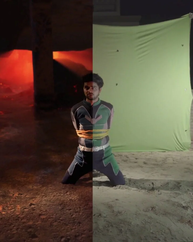 plit-screen VFX before-and-after by Spark VFX Studios for Suitboy: The Invisible Superhero web series by DK Films. Left side shows raw green screen footage of actor in superhero suit kneeling bound with ropes amid smoke and ruins at night; right side reveals dramatic final composite with fiery dramatic lighting, environmental effects, and seamless integration—showcasing Spark VFX's expertise in invisibility effects, compositing, and particle simulations under indie constraints.