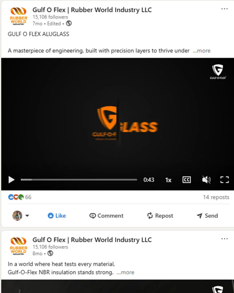 Dynamic LinkedIn video post by Gulfoflex Rubber World Industries LLC showcasing NBR insulation enduring extreme heat tests, featuring the "Engineered for Extreme" tagline and high-engagement metrics from Spark VFX Studios' brand campaign.