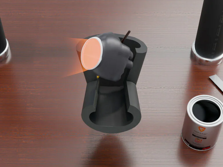 High-detail 3D render frame from Spark VFX Studios' Gulf-O-Flex installation demo video, showing gloved hand applying heat-activated adhesive glue to black elastomeric rubber insulation on a pipe fitting, with Gulf-O-Flex branded can nearby for HVAC thermal insulation showcase