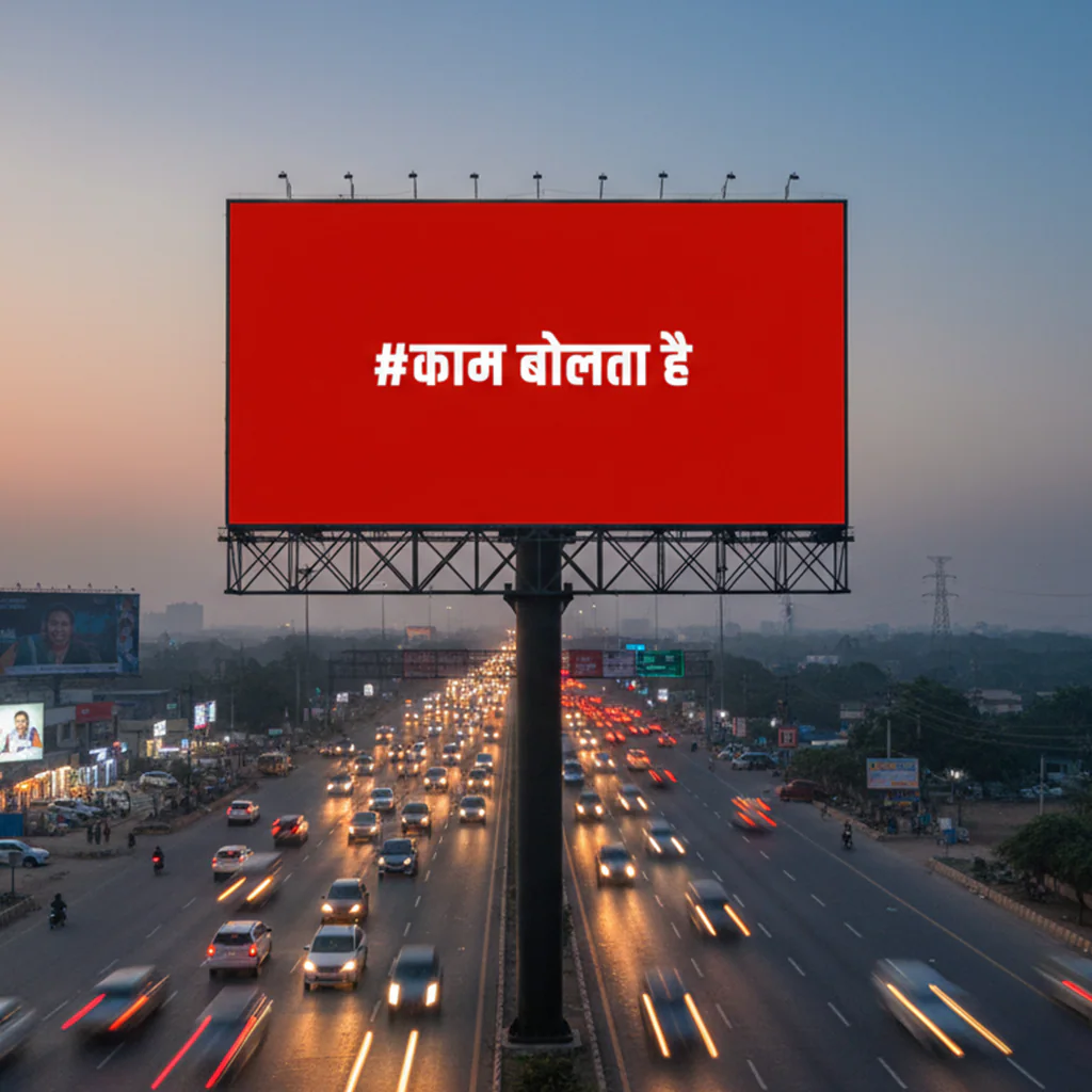 Digital outdoor hoarding design with Hindi tagline ‘Kaam Bolta Hai’ by Spark VFX Studios