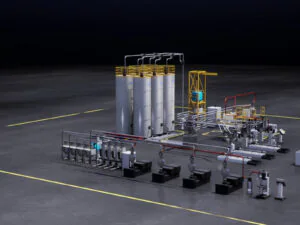 3D rendered visualization by Spark VFX Studios of Aerodry Plastics' modern industrial automation system, featuring interconnected silos, pipelines, machinery, and conveyor setups on a factory floor, highlighting efficient manufacturing workflows from raw materials to finished products.