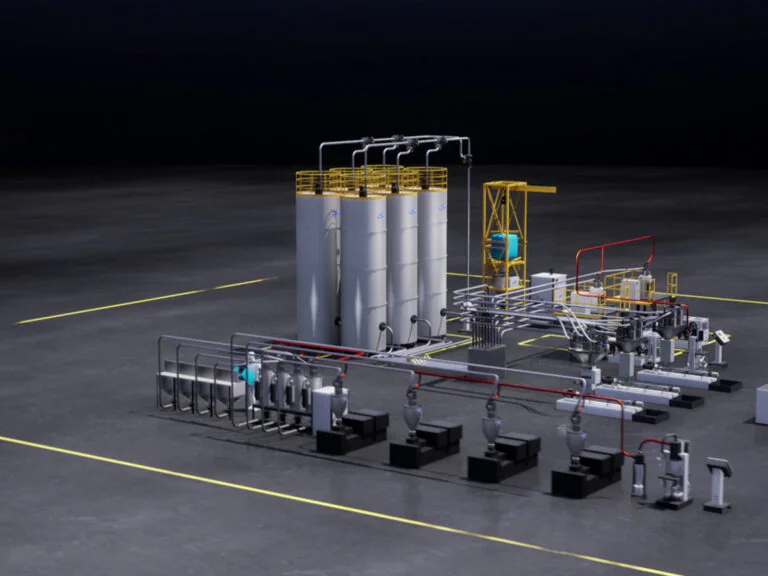 3D rendered visualization by Spark VFX Studios of Aerodry Plastics' modern industrial automation system, featuring interconnected silos, pipelines, machinery, and conveyor setups on a factory floor, highlighting efficient manufacturing workflows from raw materials to finished products.
