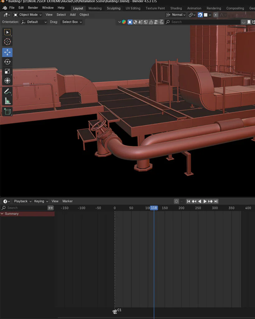 3D Blender render by Spark VFX Studios showcasing Gulf-O-Flex elastomeric rubber insulation installation on curved HVAC ducts, pipes, and mechanical systems for a flagship brand explainer video, highlighting realistic wrapping and thermal performance in building applications.