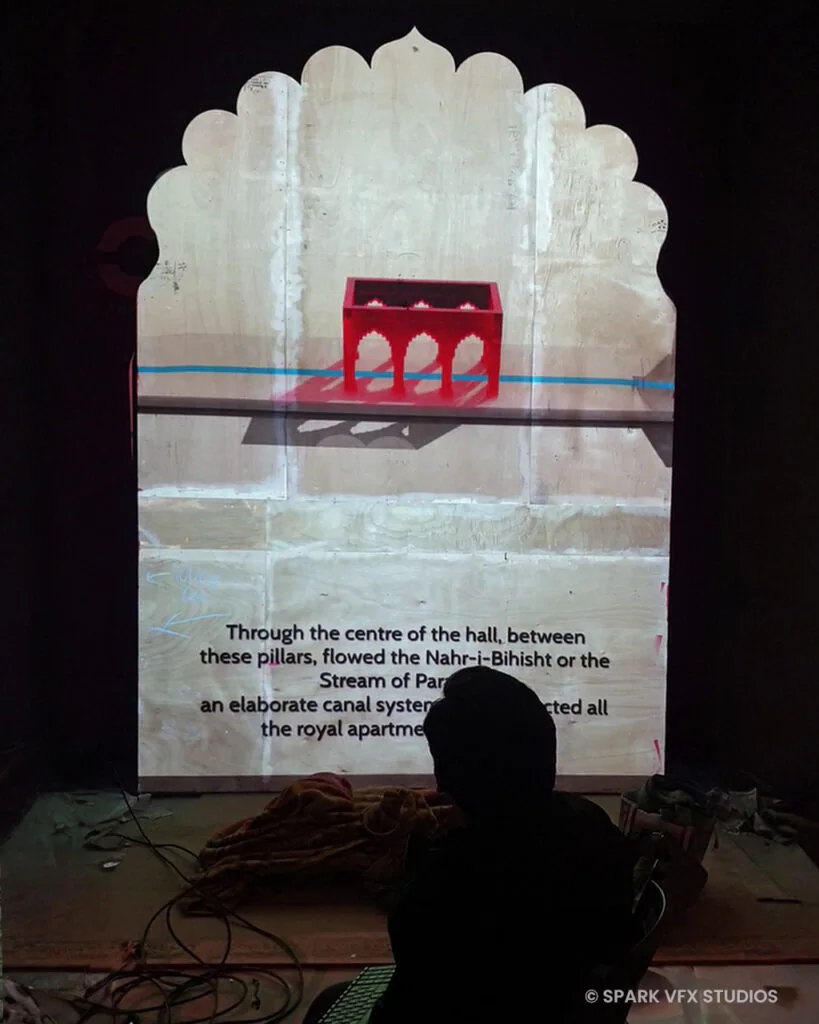 Projection mapping content test on Mughal-inspired arch wall for Diwan-e-Khas exhibit by Spark VFX Studios