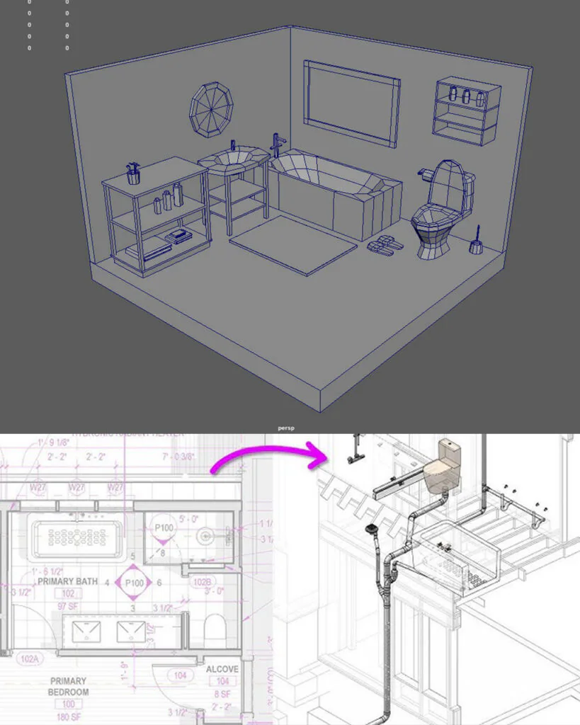 Wireframe 3D model of a modern primary bathroom by Spark VFX Studios, featuring bathtub, sink, toilet, and detailed floor plan with plumbing layout.